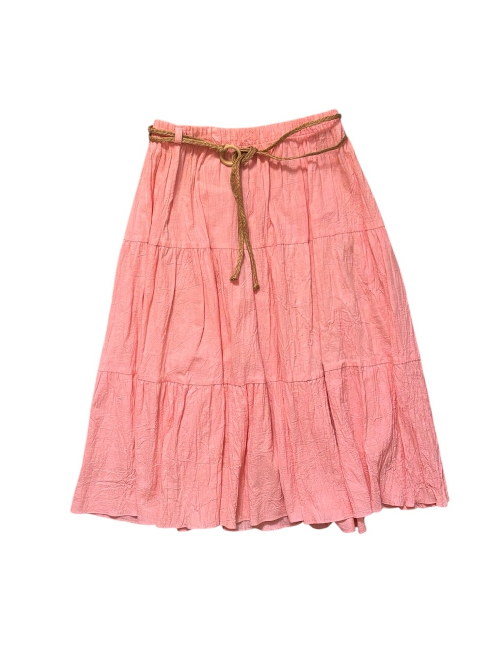 Vintage 70s Pink Tiered Peasant Midi Skirt Belt Boho Festival S
